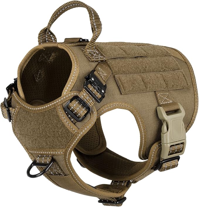 ICEFANG Tactical Dog Harness for Small Dogs,Reflective No Pull Dog Vest | with Control Handle,Adjustable,Front Hook,2 Leash Clips,Soft Padded,MOLLE Panel,Brown,Small