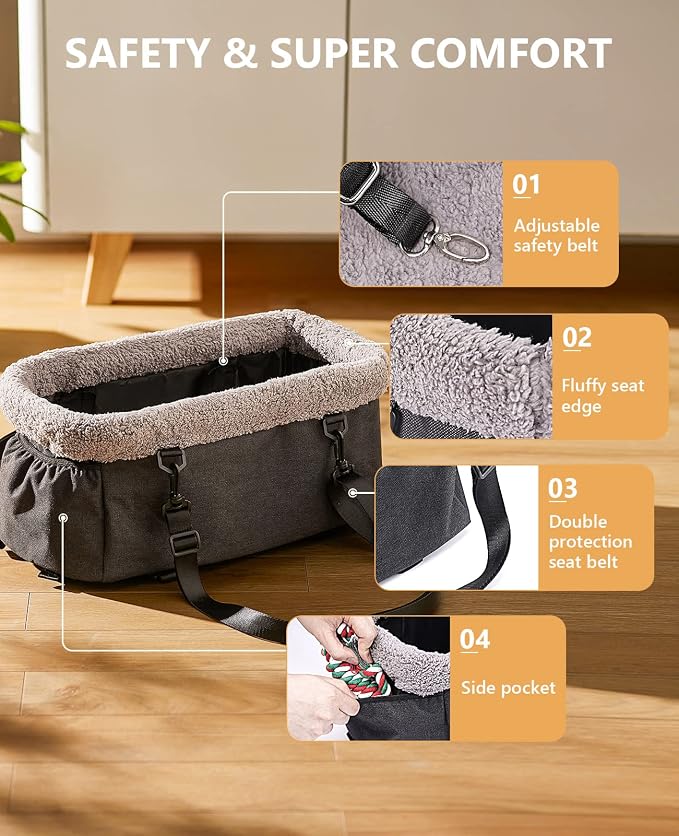 BurgeonNest Center Console Dog Car Seat for Small Dogs up to 9 lbs, Grey