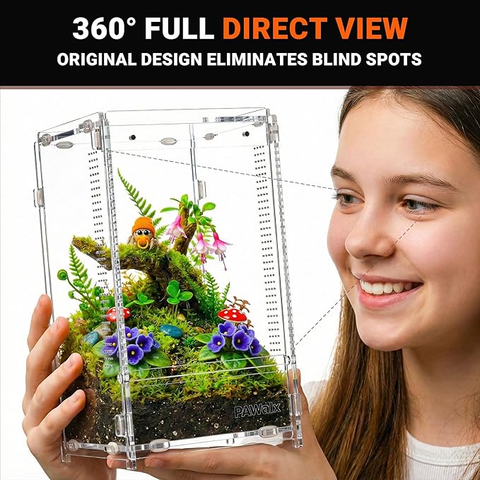 Jumping Spider Enclosure, Acrylic Terrarium with with Magnetic Doors, 0.8mm Micro-Ventilation, Stackable Escape-Proof Habitat for Jumping Spiders, Tarantulas & Small Reptiles, 4.7"x4.7"x8"