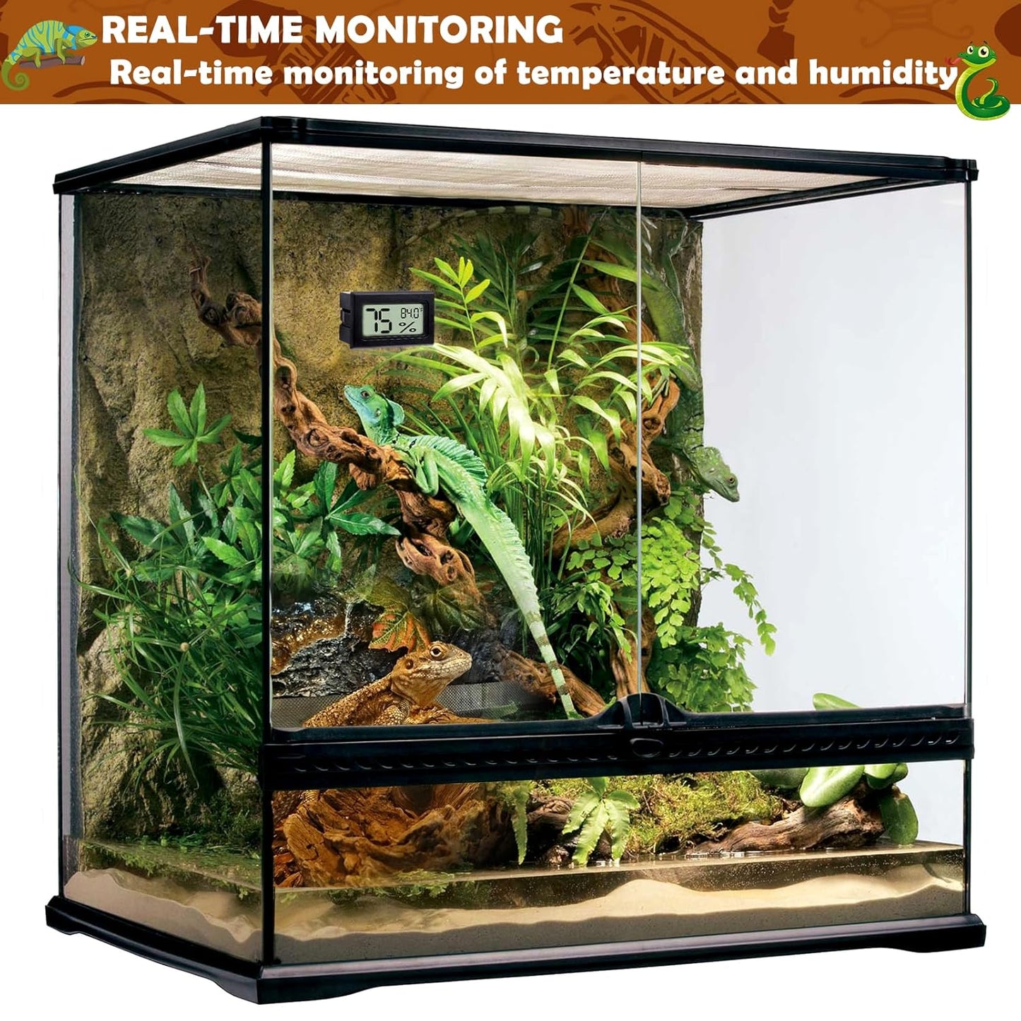Reptile Thermometer and Humidity Gauge,4PCS Digital Adhesive Reptile Hydrometer Thermomete Tank Accessories Pet Supplies for Tortoise Habitat,Chameleon Cage,Iguana,Tree Frog Terrarium