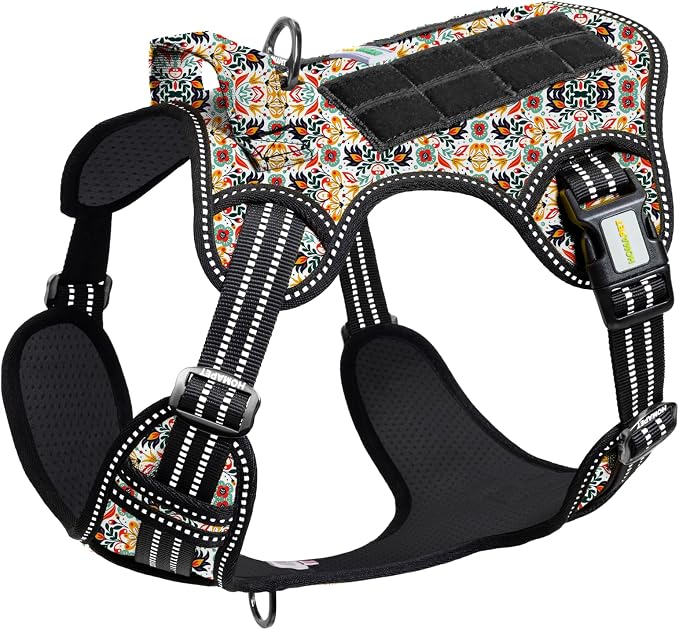 Homapet. Tactical Dog Harness with Dual Leash Attachment Points, Adjustable and Reflective Military Grade Dog Vest with Comfort Control Handle (Floral, XL)