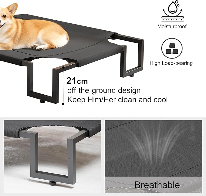Elevated Dog Bed for Medium Sized Dogs,Raised Outdoor Dog Cot | Waterproof Cooling Pet Bed with Washable Cover,Breathable Teslin Mesh,Indoor & Outdoor,Durable,No-Slip Feet,Black 90×65×21cm