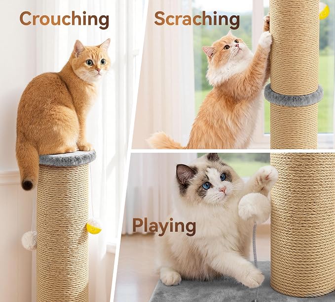 5-Inch Thick Sisal Cat Scratching Post, 36" Tall Tower, Gray | Cat Scratch Tower with Top Platform, Extra-Stable 20.8×15.9" Base, Durable Cat Scratcher, For Indoor Cats