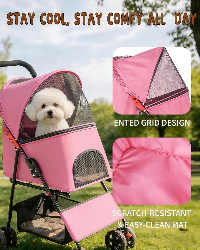 Pet Stroller for Small Medium Dogs Cats - Lightweight Foldable Dog Stroller | 33lbs, 4 Wheels All Terrain Cat Stroller, Breathable Mesh &Safety Tether, Storage Basket for Outdoor Walks, Pink Dog Stroller