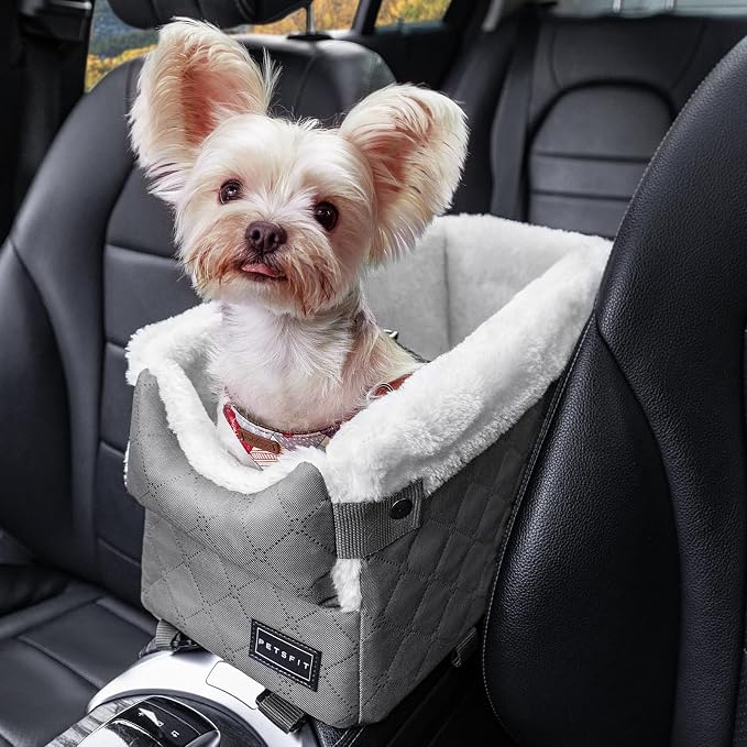 PETSFIT Center Console Dog Car Seat with Adjustable Seat-Rail Anchor Hooks | Anti-Collapse Armrest Booster Car Seat with Safety Tether, Washable Cushion, Soft Pillow for Pets Under 8 lbs, Grey