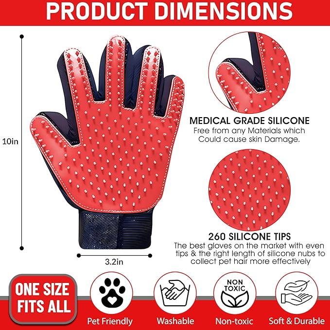 ZENELANEP Upgrade Pet Grooming Gloves, Grooming Gloves for Dogs, Cats, Rabbits & Horses with Long and Short Hair, Efficient Pets Hair Remover Mittens - 1 Pair (Red)