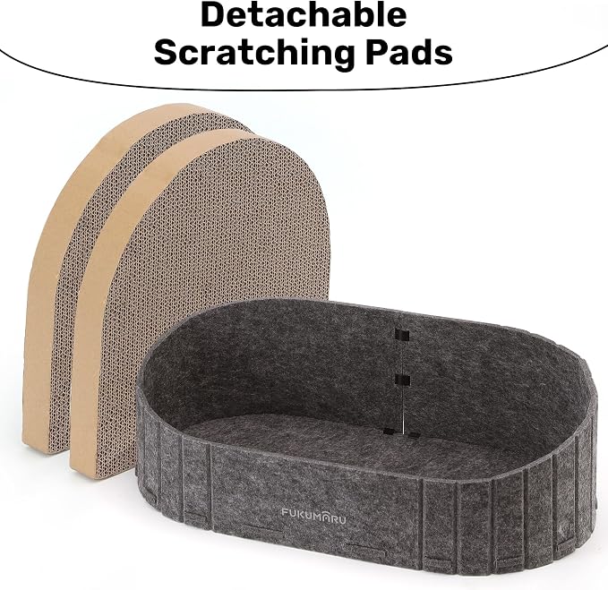FUKUMARU Cat Scratcher, 24 Inch Sofa Shape Cat Scratching Bed Couch Indoor | Oval Felt Cat Scratcher Bed with Reversible Detachable Cat Scratching Boards, Round Cats Scratch Pads Refill, Dark Grey