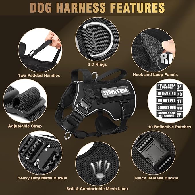 2X Metal Buckle Service Working MOLLE Dog Vest with 10 Pet Patches | Tactical Dog Harness for Large Dog, No-pull Military Working Vest for Training Hunting Walking，2x D Rings for Leash Clip