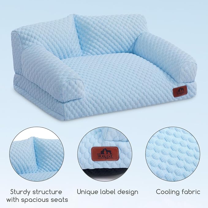 Hollypet Cooling Dog Couch Bed, Washable Pet Sofa, Blue, 24x18 | Cooling ice-silk pet bed with machine washable removable cover, non-slip bottom, for cats small dogs up to 25 lbs