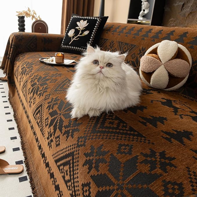 VClife Boho Couch Cover for Christmas 1 Piece Soft Warm Couch Cover for Sectional Sofa, Washable Pumpkin and Black Jacquard Loveseat Sofa Covers for Home Office RV 71"x118"