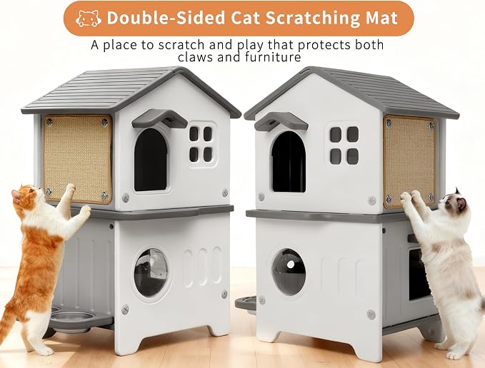 Outdoor Cat House with Liner, 100% Insulated Cat Houses for Winter Outside | 2 Story Waterproof Cat House for Outdoor Cats, Sturdy Cat Bowls & Scratch Pads, Clean Easily