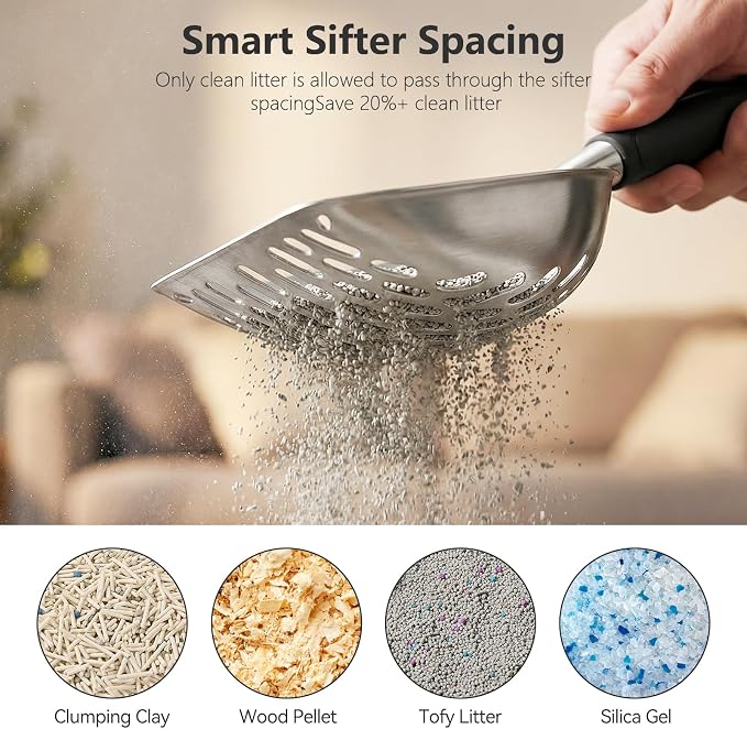 Cat Litter Scoop, Kitty Metal Scooper with Long Handle | Heavy Duty Aluminum Deep Sifter, Rustproof Durable Kitten Poop Shovel for Travel & Small Litter Box