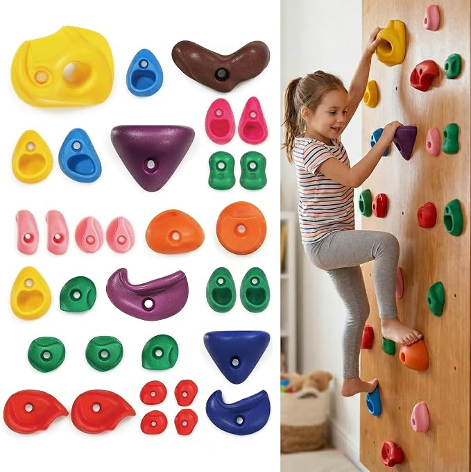 Rock Climbing Holds for Kids, 32 PCS Rock Wall Holds with Hardware, Indoor Outdoor Climbing Grips for Backyard Playset & Home Wall, Easy Install, Multicolor