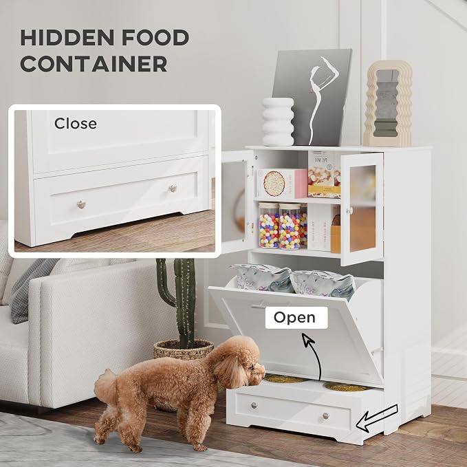 PawHut Dog Feeding Station, 2 Storage Cabinets, Elevated Dog Bowls, White | Side Hooks, Anti-tip Kit, Hidden Pet Feeder Station for Feeding & Watering