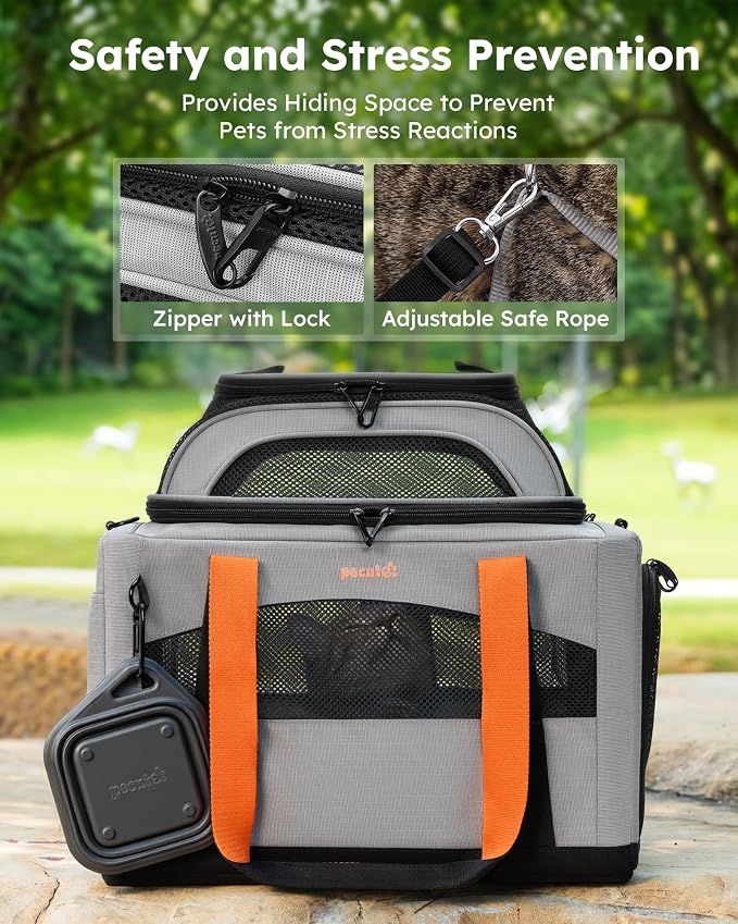 Pecute Top Expandable Cat Carrier Sturdy Pet Bag with 5mm Anti-Collapse Steel Frame, Soft Dog Carrier for Car Travel Vet Visits Outdoor Hammock,Foldable Travel Crate with Leakproof Pee Pad & Bowl,Gray