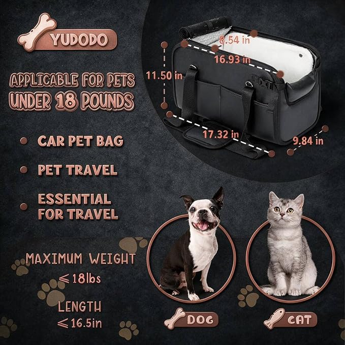 YUDODO 10-18lbs Large Console Dog Car Seat with Removable Velvet Cushion | Portable Puppy Cat Seat, PU Leather, Waterproof, Wipe Clean, Safe & Durable, Side Pockets, for Truck & SUV-Width>9.5in, Black