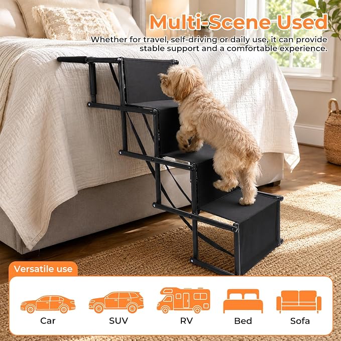 Dog Stairs for Large Dogs,4-Step Foldable Dog Ramp for Car with Non-Slip Surface & Oxford Fabric,Portable & Lightweight Pet Stairs for SUV,Truck,Bed & Couch,Supports up to 132 lbs (Black)