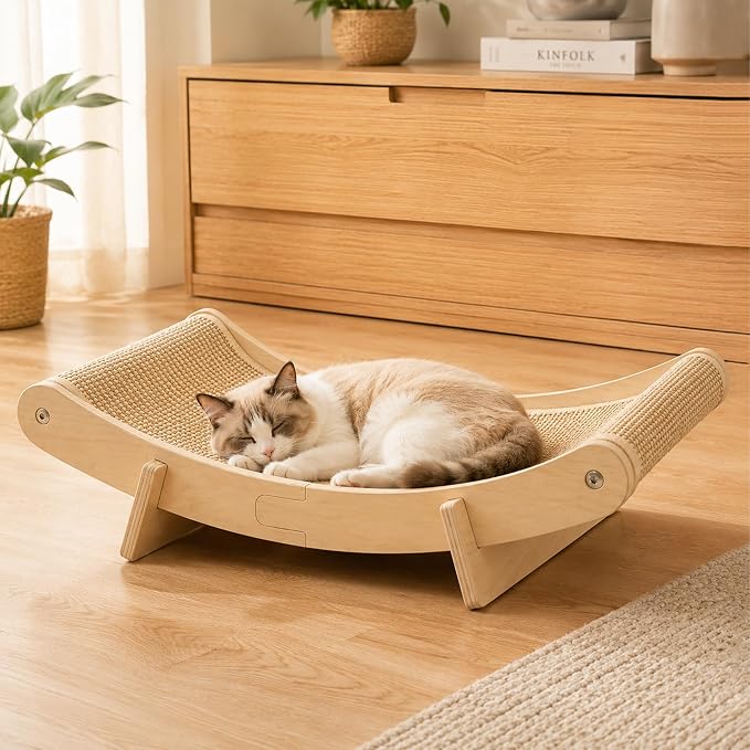 PETKARAY Inclined Sisal Cat Scratcher Bed, Curved Wooden Cat Hammock Chair, Large Scratch Pad for Indoor Cats, Cozy Cat Furniture Lounge