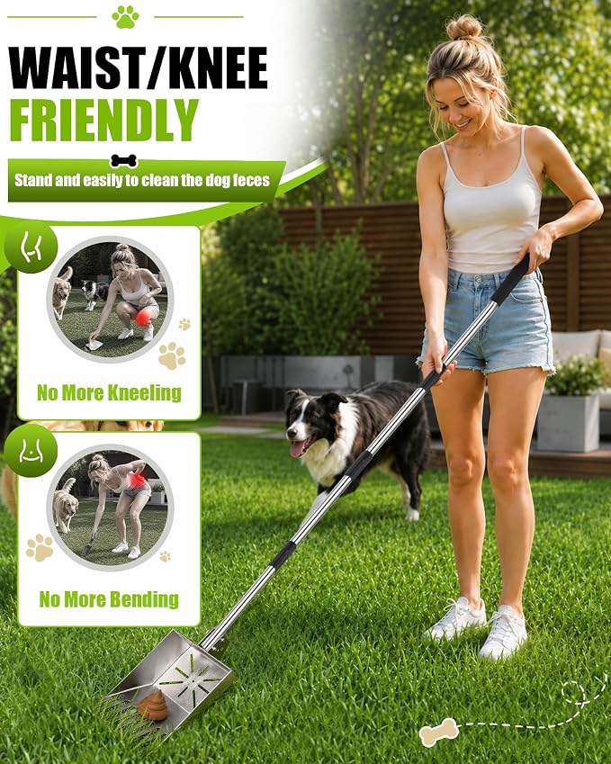 71" Stainless Steel Pooper Scooper, 3-Adjustable Angle Dog Shovel & Rake | Heavy Duty Metal Poop Scoop for Large Dogs with Adjustable Long Handle Outdoor Yard Grass Pet Waste Removal Shovel