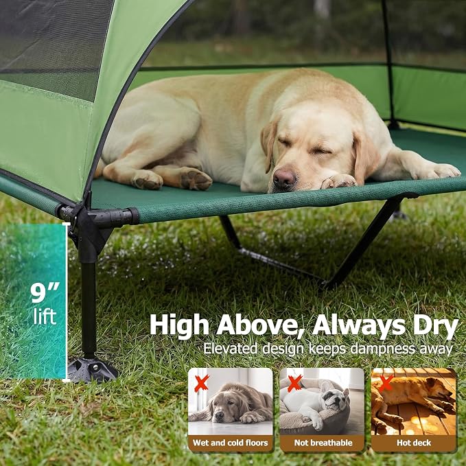 Elevated Dog Bed with Upgraded Canopy, Raised Outdoor Dog Tent with Powerful Anti-Slip Feet, Portable Pet Cot with Larger Shade, Raised Cooling Bed for Camping, Backyard, Beach, Poolside