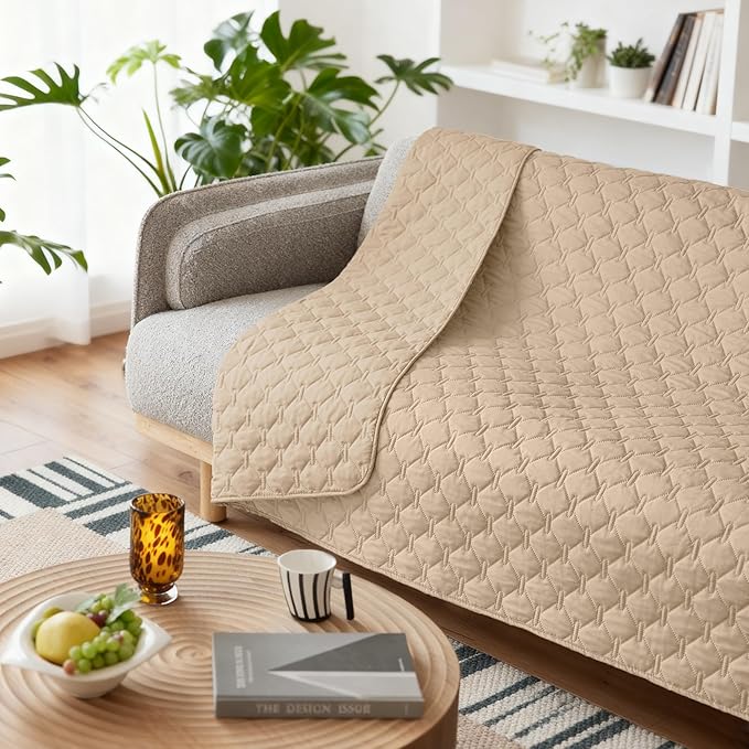 gogobunny 3X Stronger Waterproof Pet Blanket, Scratch Proof Furniture Protector for Dogs Cats, Reversible Cover 52x82 Inch, Dark Beige