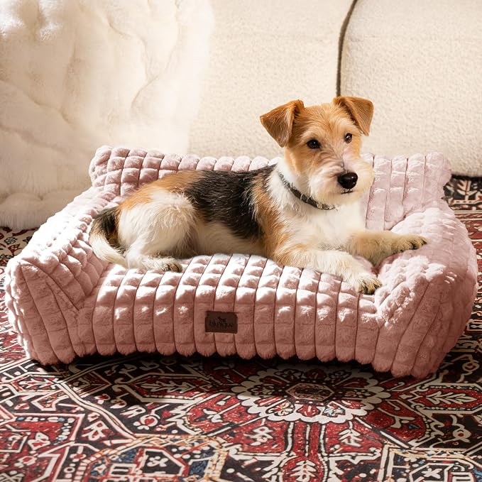 Cute Small Dog Couch Bed – Supportive & Fluffy Pet Sofa with Faux Rabbit Fur Washable Cover in 3D Diamond Pattern, 30" Pink