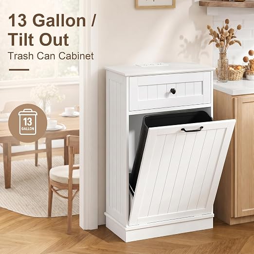 13 Gallon Tilt Out Trash Can Cabinet, Hidden Trash Bin White | Trash Cabinet with Drawer, for Kitchen, Bathroom and Laundry Room