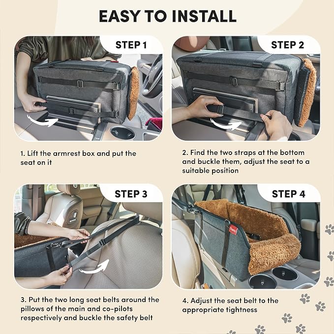 BurgeonNest Center Console Dog Car Seat for Small Pets to 11lbs, Brown | Anti-collapse armrest Console seat with washable fluffy cushion, pillow & tether for stable, cozy pet travel trips.