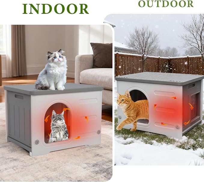 Insulated Cat House Outdoor Weatherpoof Plastic Cats Houses for Winter | with Escape Door Indoor Waterproof Feral/Pet Cat Shelter Outside for Puppy, Rabbit