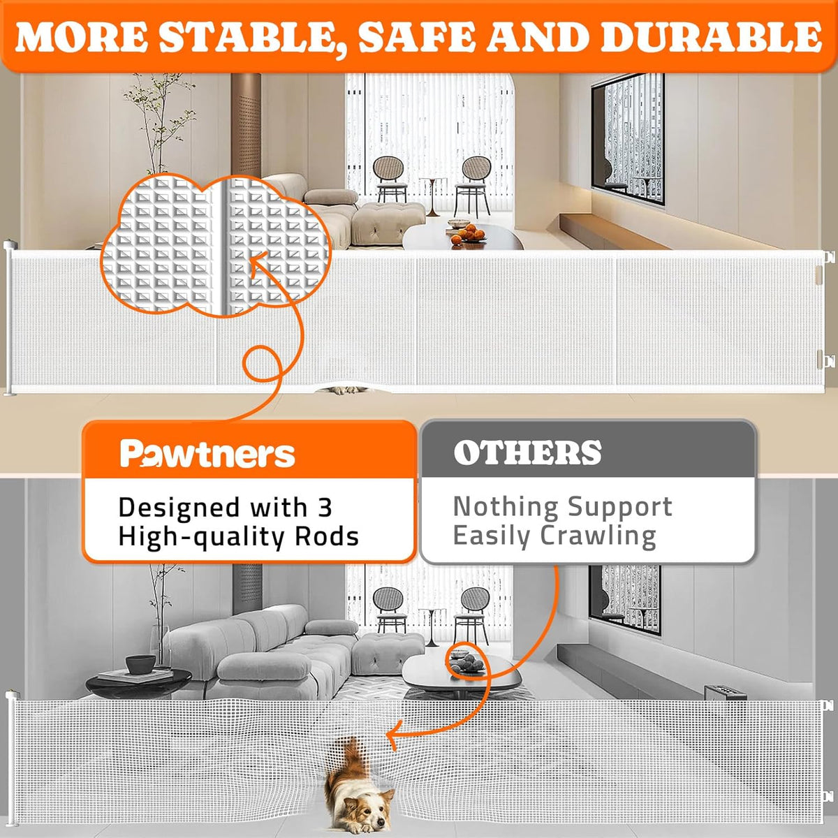 Pawtners Retractable Baby Gates Extra Wide, 41" Tall Extends up to 200" Wide, Dog Gate Indoor for Stairs, Pet Gate with Support Rods for Doorways Hallways Garage Indoor & Outdoor-White