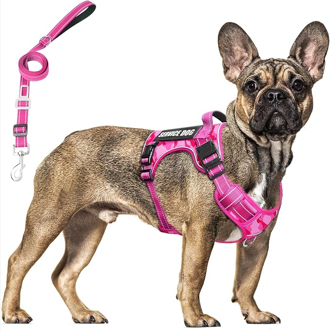 Tactical Dog Harness and Leash Set with 10 Patches for Large Dogs | Heavy Duty No Pull Service Dog Vest with Dog Seat Belt ,Adjustable Reflective Easy Walk for Training Hiking Camo Pink L