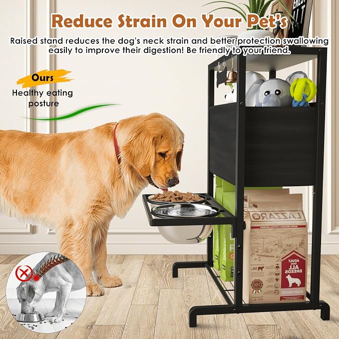 Elevated Dog Bowls: Height Adjustable Raised Dog Stand (4.5'' to 12'') 2 * 1700ml Stainless Steel Bowls + Slow Feeder, Feeding Station w/Storage Organizer & Toy Basket for Medium/Large Breeds