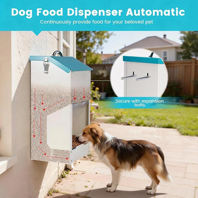 Automatic Dog Feeder Large Breed, Galvanized Dog Dry Food Dispenser | 15lbs Wall Mountable Gravity Pet Food Station Auto Feeder Self Feeding with Clear Door for Puppy, Dog, Cat Outdoor Indoor