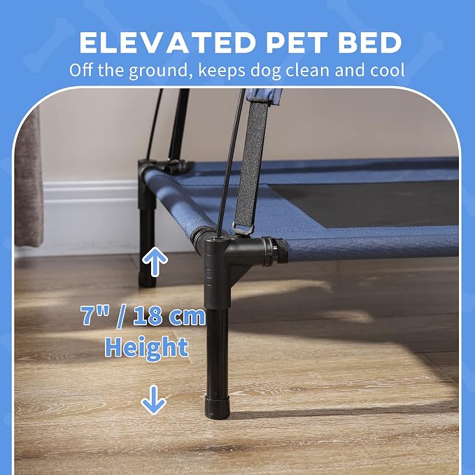 PawHut Elevated Dog Bed with Removable Canopy, Outdoor Dog Cot with UV Protection Canopy Shade, 36 inch Large Pet Bed for Camping, Dark Blue | Large Pet Bed, Outdoor Dog Cot, UV Protection Shade, Camping