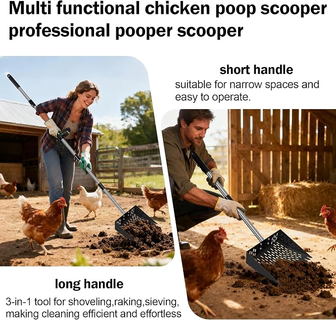 3-in-1 Heavy Duty 10" Wide One Piece Stainless Steel Chicken Pooper Scooper | 23-76" Extra Long Adjustable Handle No Bend Back Pain Relief, Pooper Scooper for Large Dogs, Shovel for Farm, Sand, Garden