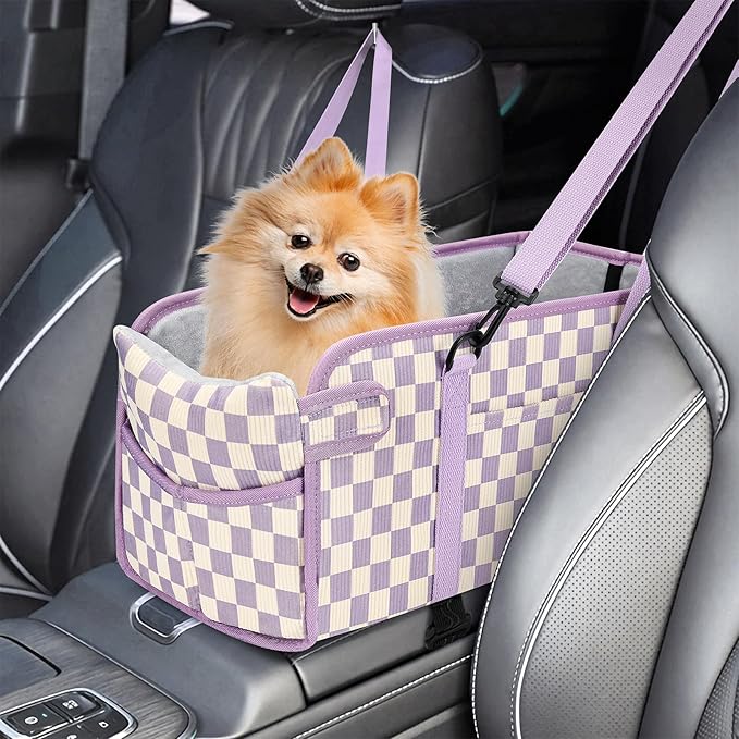 Console Dog Car Seat for Small Dogs, Foldable Booster Seat,Purple Checkered | Portable Booster Seat Sits On Car Console/ Armrest. Foldable for Easy Storage. for Center Console, Easy To Clean.