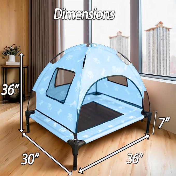 Elevated Covered Dog Bed - 36" x 36" x 30" - Dog Shade Canopy Lounger for Small & Large Dogs (Up to 110 lbs) - Portable & Durable - Cooling, UV & Water Resistant with Mesh Windows - Pastel Blue