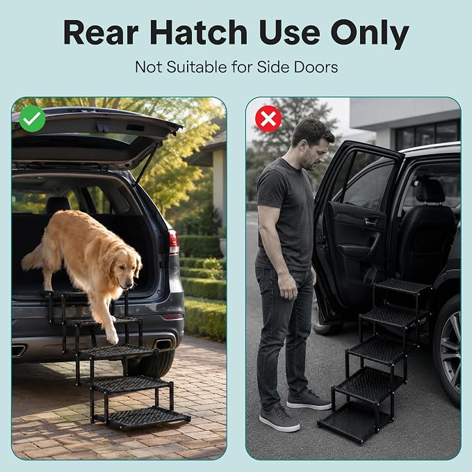 Dog Stairs for Car - Foldable Dog Steps for Large Dogs with Non-Slip Surface & Extra Wide Design, Pet Ramp for SUVs & Trucks, Portable Metal Frame Supports Up to 250 lbs (5 Steps)
