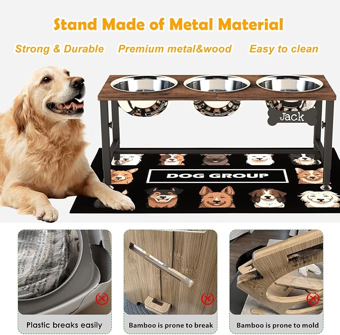 ADENGL Triple Elevated Dog Bowls Stand for Multiple Dogs, 3 Height Adjustable Raised Dog Bowl Stand with 3 Stainless Steel 1700ml(58oz) Bowls & Wood Tray & Mat