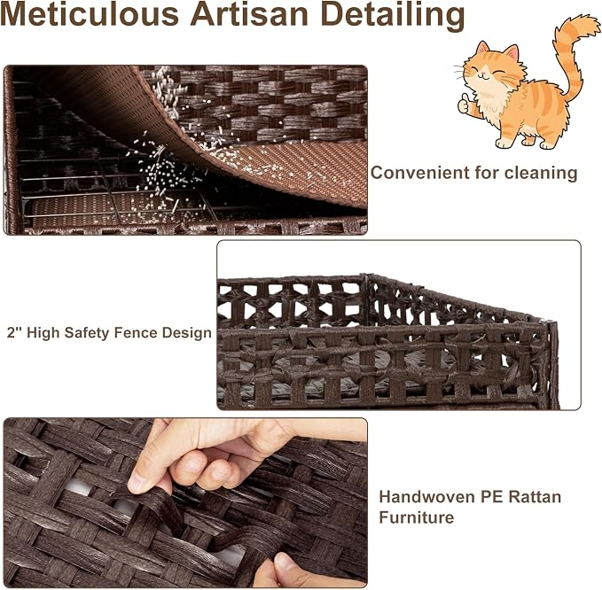 Handwoven Rattan Cat Litter Box Enclosure Furniture - Hidden Cabinet with Odor-Control Mat, Anti-Spill Fence & Secure S-Hooks for Living Room/Bedroom, 18.2"x18.2"x24.5" (Brown)