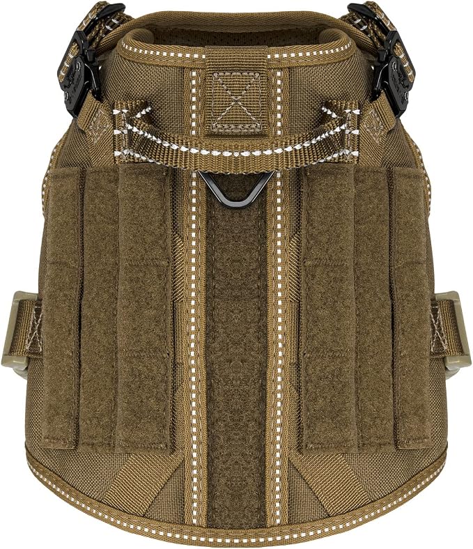 ICEFANG Tactical Dog Harness for Small Dogs,Reflective No Pull Dog Vest | with Control Handle,Adjustable,Front Hook,2 Leash Clips,Soft Padded,MOLLE Panel,Brown,Small