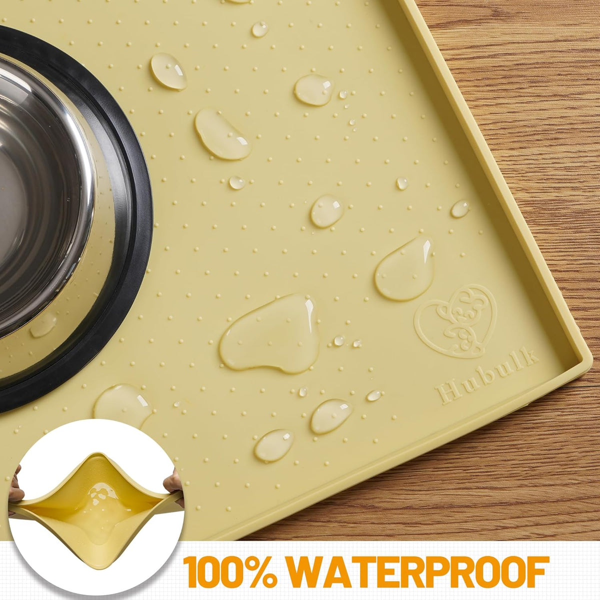 Hubulk Dog Feeding Mat,100% Waterproof Food Grade Silicone Pet Food and Water Bowl Placemat,Dishwasher, High Raised Edge to Prevent Spills,Nonslip Tray to Stop Messes on Floor（28"x18"x0.8", Yellow）