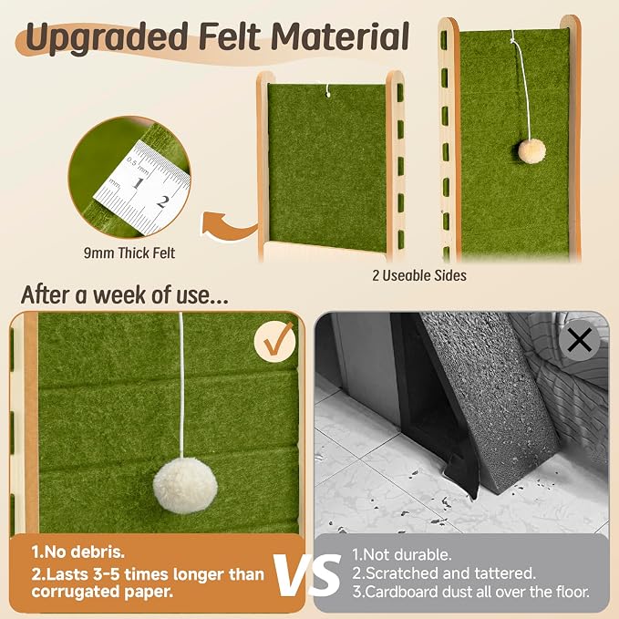 Cat Scratcher with Bell Ball Cat Scratch Pad L-Shaped Scratch Mat Vertical Cat Scratching Board for Indoor Cats Felt Cats Scratching Post Furniture Protector Kittens Cratchers Toys- Green