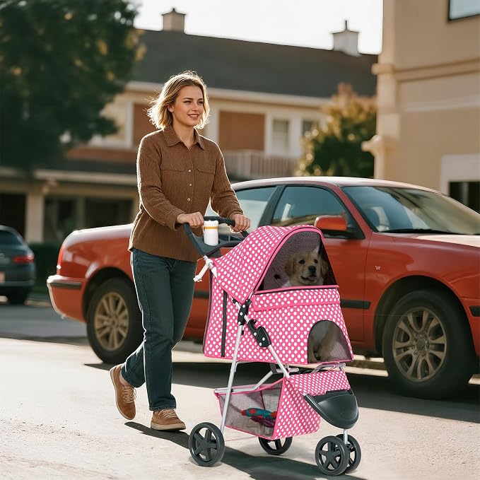 Pink Dog Stroller for Medium Dogs 30 lbs Pet Stroller for Small Dogs Cat Strollers for 2 Cats, 3 Wheels Foldable Jogger Puppy Stroller with Storage Basket and Cup Holder, Pink Polka Dots