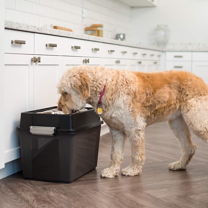 IRIS USA Elevated Dog Bowls 15" H, up to 47 lb Storage, Black, Made in USA | Comes with 2 Stainless Steel Bowls (64 oz), Elevated Feeder, Reduce Strain, Perfect for Camping & Outdoors