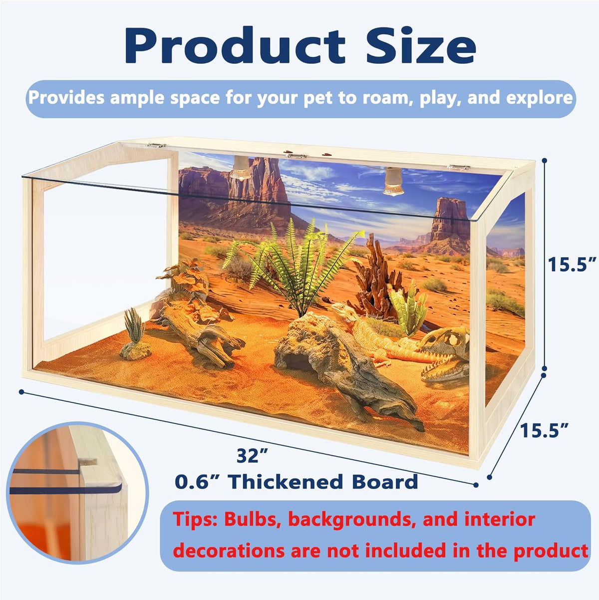 Prolee Bearded Dragon Tank, Reptile Enclosure, Snake Tank, Reptile Terrarium, Built-in Light Fixtures with Switch, (30 Gallon, 32" Long, Clear Acrylic Roof)