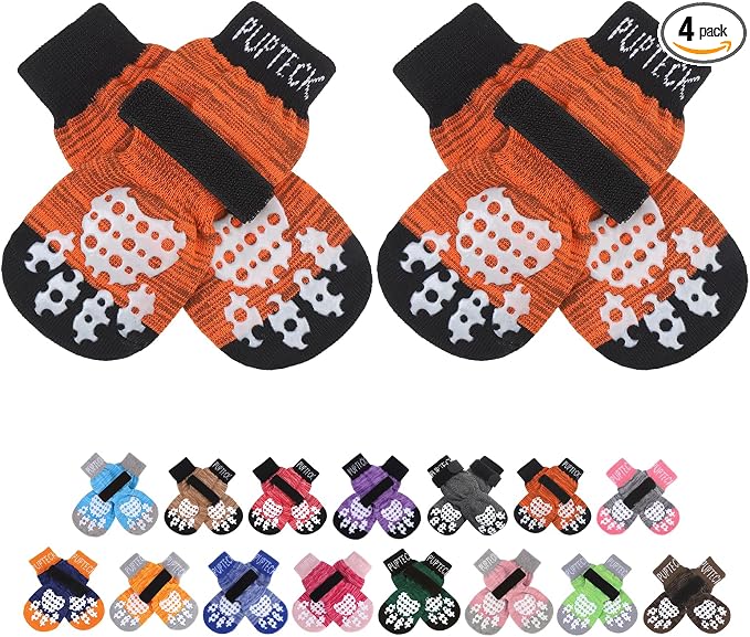 PUPTECK Anti-Slip Dog Socks with Double Sides Grips for Small Medium Large Dogs Hardwood Floors Prevents Licking, Dog Shoes for Hot Pavement Traction Control Paw Protector for Senior Dogs