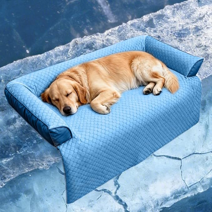 GGIB Cooling Dog Bed Mat with Bolster Pillow Washable Dog Couch Cover Breathable Summer Pet Couch Bed Protector Indoor(Extra Large, Cooling Blue)