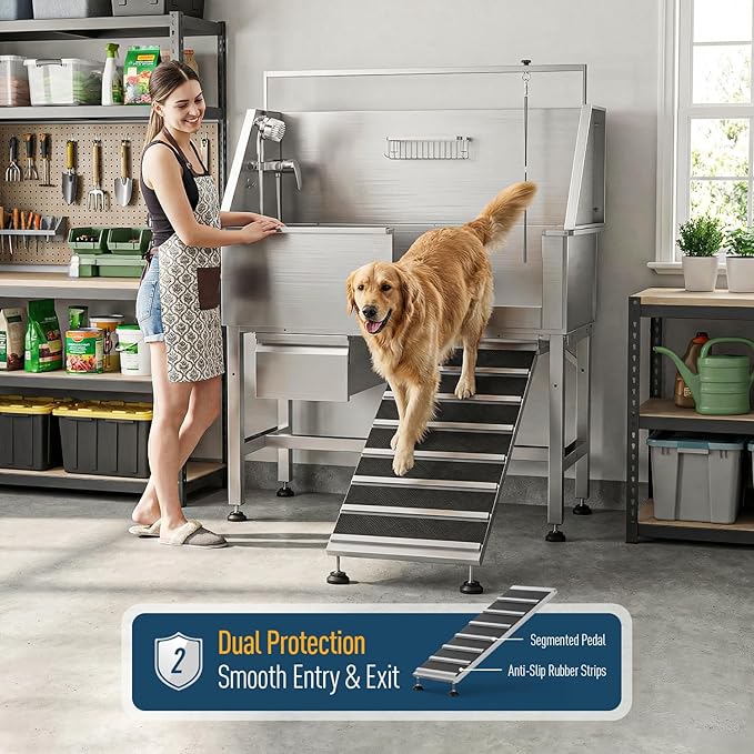 46" Dog Washing Station, Leak-Proof 304 Stainless Steel Dog Bathtub with Non-Slip Removable Left Stair & Storage Drawer, Elevated Pet Wash Station for Large Dogs, Indoor & Outdoor Use (Right Ramp)