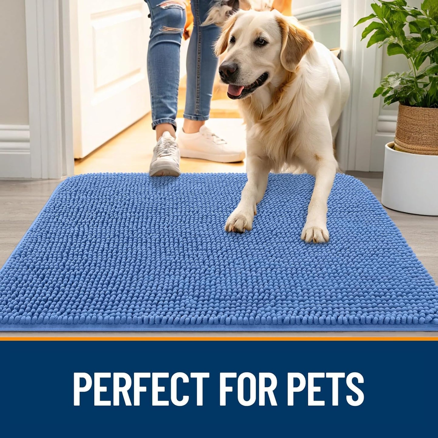 OLANLY Dog Door Mat for Muddy Paws 36x24, Absorbs Moisture and Dirt, Absorbent Non-Slip Washable Doormat, Quick Dry Chenille Mud Mat, Entry Indoor Entryway Carpet for Inside Floor, Cornflower Blue